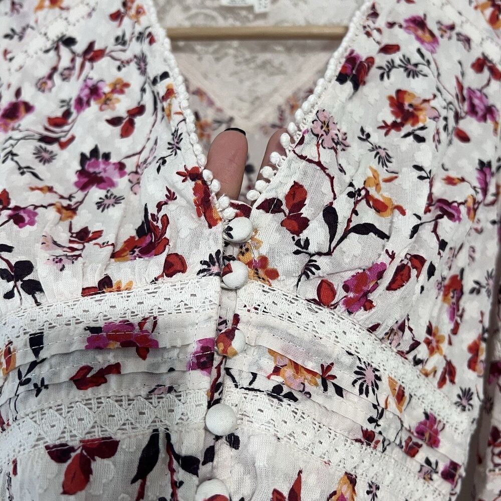 Anthropologie Puff Sleeve Floral Lace Trim Buttondown Blouse Top Size 4 Cottage - Picture 12 of 12